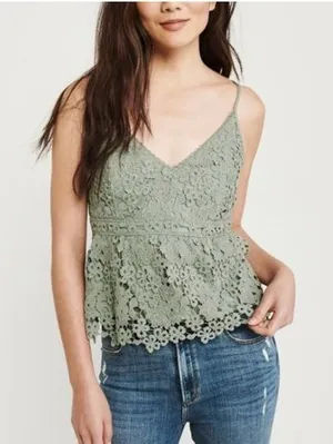Abercrombie‎ & Fitch Sage Green Floral Lace Cami Peplum Top Y2K thumbnail 1