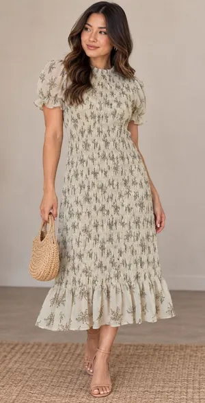 Reverse Floral Smocked Puff Sleeve Midi Dress Cream Brown Fall Medium NWT thumbnail 1