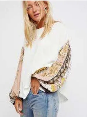Free People We The Free Blossom Thermal Top Small Boho Patchwork Balloon Sleeve thumbnail 5