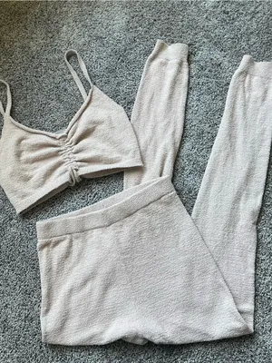 Tic Toc Ruched Knit Two-Piece Loungewear Set in Light Beige thumbnail 2