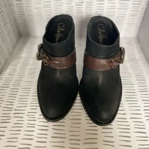 Cole Haan Womens Black LeatherNuBuck Buckle Mule Heeled Booties‎ Size 8B thumbnail 2