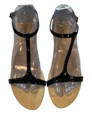 Ellen Tracy Dane Wedge Sandals Women 8.5 Black Patent T-Strap Cork Low Heel Chic thumbnail 1