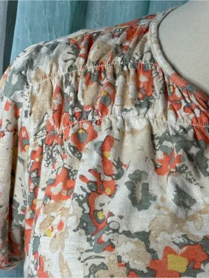 L.L. Bean Floral Short-Sleeve V-Neck Top in Ivory and Coral thumbnail 3