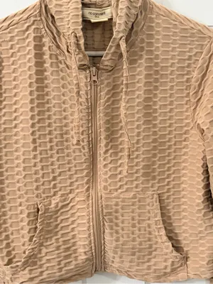 Cropped Tan Textured Zip Hoodie Jacket - Women thumbnail 2