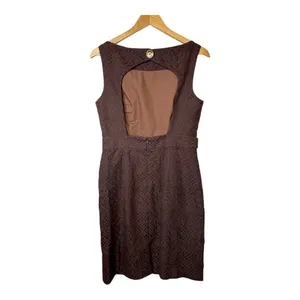 Milly Bark Brown Textured Sheath Dress Womens 8 Gold‎ Button Open Back Mod NWT thumbnail 4