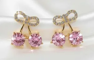Gold-Tone Pink Crystal Cherry Drop Earrings with Rhinestone Bow Accents thumbnail 1