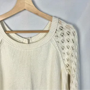 Ann Taylor‎ LOFT Ivory White Mesh Sleeve Knit Sweater M thumbnail 3