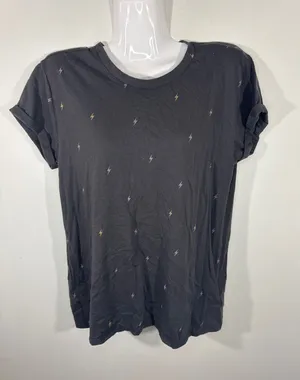 Lucky Brand Black Lightning Bolt Print‎ Short Sleeve Tee Shirt Women's Sm thumbnail 1