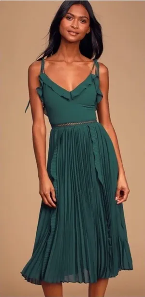 Lulu's Never‎ A Dull Moment Emerald Green Tie-Strap Pleated Midi Dress thumbnail 1