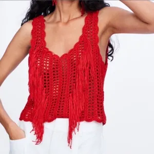 Zara Red Crocheted Fringe Crop Tank Top thumbnail 1