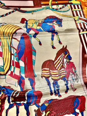 Vintage classic EQUESTRIAN horses PRINT ORANGE/ off white SQUAR SILK SCARF 35/35 thumbnail 16