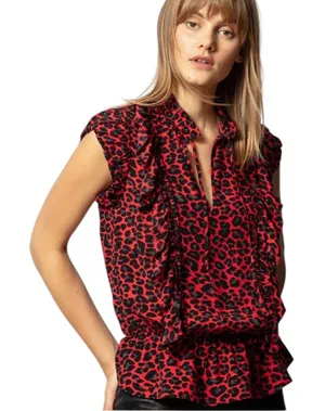 Zadig‎ & Voltaire Tibo Print Leo Ruffle Leopard Cheetah Top red XS thumbnail 1
