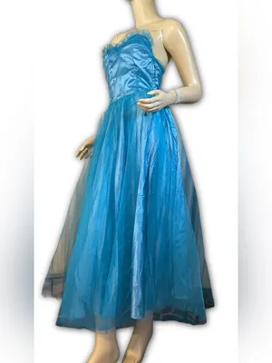 Vintage 1950'S Turquoise Blue Satin & Tulle Strapless Party Dress (Xs) thumbnail 6