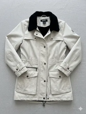 DKNY Women's Cream Jacket with Black Faux Fur Collar NWOT thumbnail 1