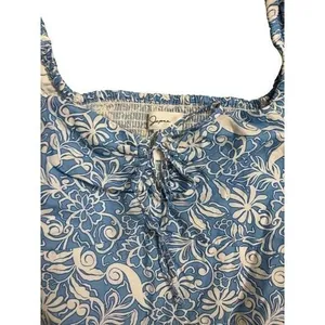 Japna Blue‎ White Floral Smocked Square Neck Crop Top Puff Sleeve Tie Front Sz M thumbnail 2