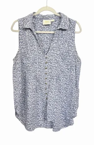 Maeve Anthropologie Womens Sz L Blue Floral Polka Dot V Neck Sleeveless Blouse thumbnail 1