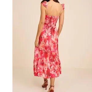 NEW Lulus Sweet Like Sangria Pink Floral Ruffled Bustier Tie Midi Dress Small thumbnail 4