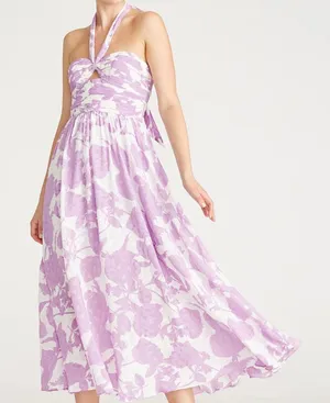 AMUR Selina Floral Halter Midi Dress Lavender White Cutout A-Line Size 4 thumbnail 1