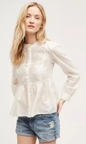 NEW Anthropologie Floreat Women Cotton Top 6 Ivory Embroidered Cottage Peasant‎ thumbnail 1