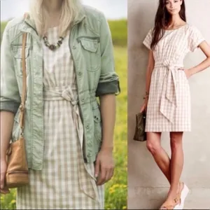 Anthropologie HD in Paris Gingham Print Short Sleeve‎ Belted Dress in Tan Size 4 thumbnail 2