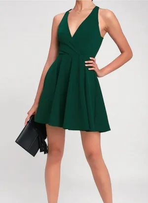 Lulus NWT Wonder Whirl Dark Green Twist Back Skater Dress XL thumbnail 1