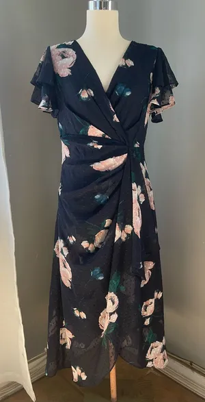 DKNY Navy Midi Dress with Pink Floral Print thumbnail 1