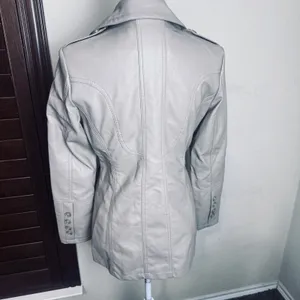 LA Coalition beige Faux Leather Double Breasted Jacket military coat sz Small thumbnail 3