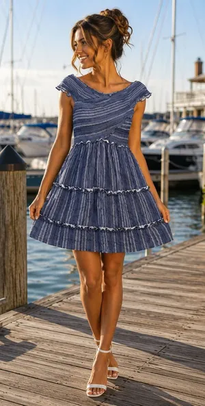Boho Blue Striped Off Shoulder Tiered Mini Dress Women's M Vacation thumbnail 1