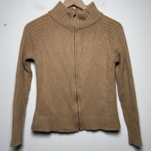 Nordstrom Women 100% Cashmere Zip Up Sweater XS Tan Ribbed Mock Neck Luxury thumbnail 1