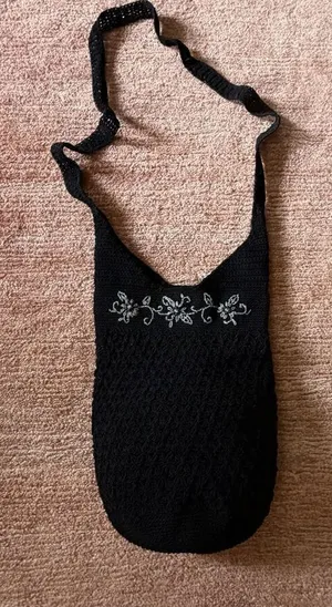 Black Crochet Shoulder Bag with Floral Embroidery thumbnail 1