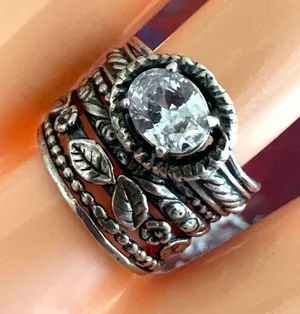 Sterling Silver Israel Wide Band Leaf Ring w/ CZ thumbnail 1