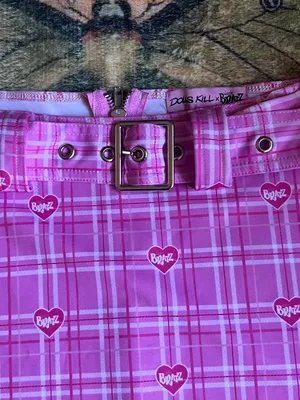 Dolls Kill Pink Plaid A-Line Mini Skirt with Heart Print & Belt thumbnail 4