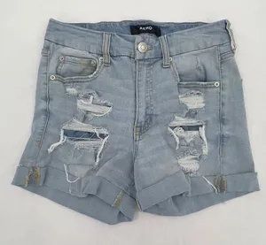 Aero Light Wash High Rise Curvy Midi 3" Distressed Ripped Jean Shorts Size 6 thumbnail 1