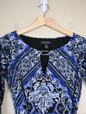 WHBM Women's XS Blue Black Blouson Patterned Keyhole Belted Mini Dress thumbnail 5