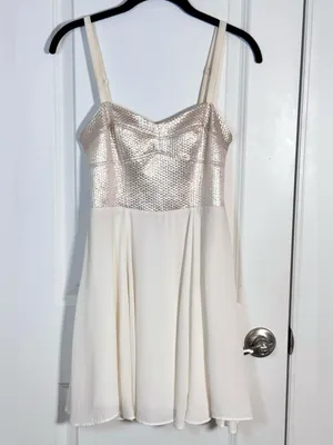 Express Champagne Metallic Sweetheart Fit Flare Cocktail Dress 2 Party Mini thumbnail 2
