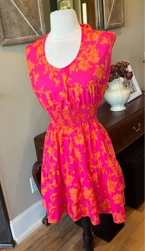 Colorful Festive Neon Pink Orange Flirty Mini Dress thumbnail 8