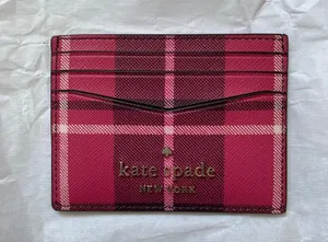 Kate Spade Staci Plaid Small Slim Card Holder wallet red leather thumbnail 5
