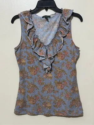 LAUREN JEANS CO. Ralph Lauren Floral Ruffle V-Neck Tank Top M 18” p2p Blue Multi thumbnail 2