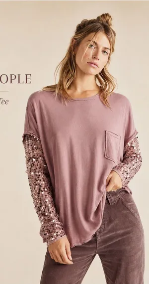 Free People Dusty Rose Sequin-Sleeve Pocket Long Sleeve Tee thumbnail 1