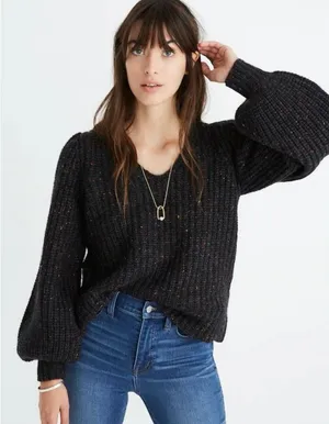 Madewell Size XS Puff Sleeve V Neck Sweater K5757 Speckled Donegal Cyclone thumbnail 1