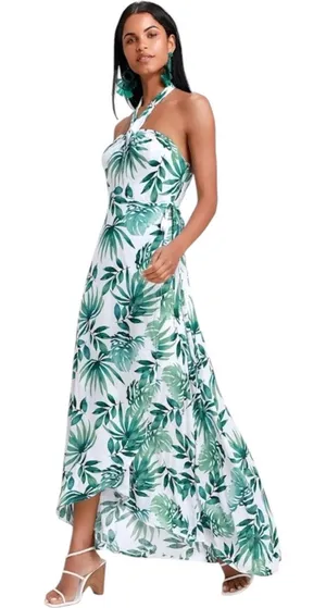 Lulus Marisha White Green Leaf Print Halter Wrap Dress Large thumbnail 1
