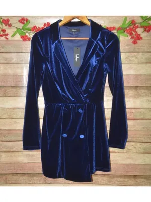 Lulus Velvet Blazer Romper Womens M Navy Blue Long Sleeve Party Holiday NWT thumbnail 2