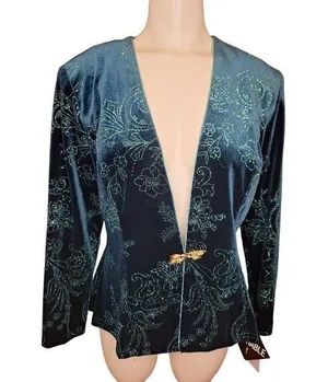R&M Richards Womens Size 6 Petite Velvet Suit Jacket Deep Teal Green Embellished thumbnail 1