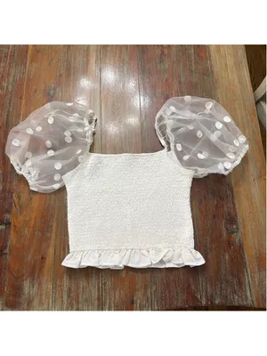 idem ditto White Smocked Puff Sleeve Crop Top NWOT Size Medium Sheer Polka Dot thumbnail 2