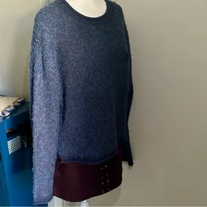 a.n.a. Women's Cozy Fuzzy Blue Wool Blend Split Rolled Hem Sweater thumbnail 2