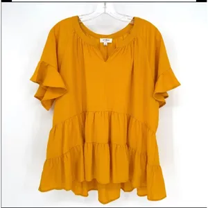 Umgee Babydoll Blouse Women M Mustard Ruffle Tiered Boho Cottagecore Prairie thumbnail 2