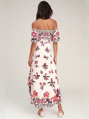 Lulus | Danica Ivory Floral Print Smocked High-Low Maxi Dress, XS thumbnail 3
