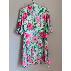 Lilly Pulitzer Shirt Dress Womens 10 Pink Green Floral Puff Sleeve Button Front thumbnail 3