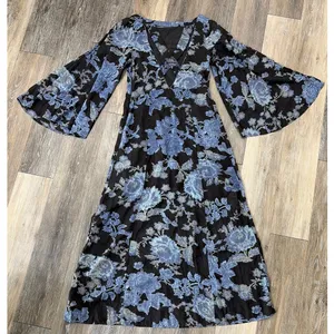 Free People Melrose Floral Maxi Dress Womens 4 Blue Bell Sleeve Boho thumbnail 2