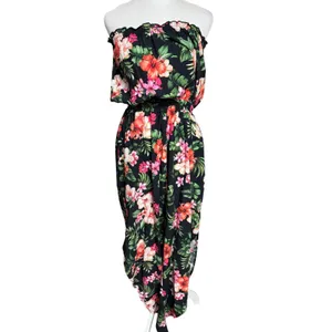 Bar III Black Tropical Floral Strapless Split Leg Jumpsuit Medium thumbnail 2
